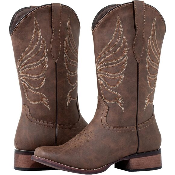 Women's Brown Calf-High Fashion Square Toe Faux Leather Western Cowgirl Boots - Picture 8 of 9